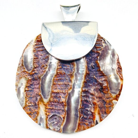 Large Shell Disc Pendant Silver Tone Abalone Mother of Pearl Chunky Beach Island - Picture 1 of 5